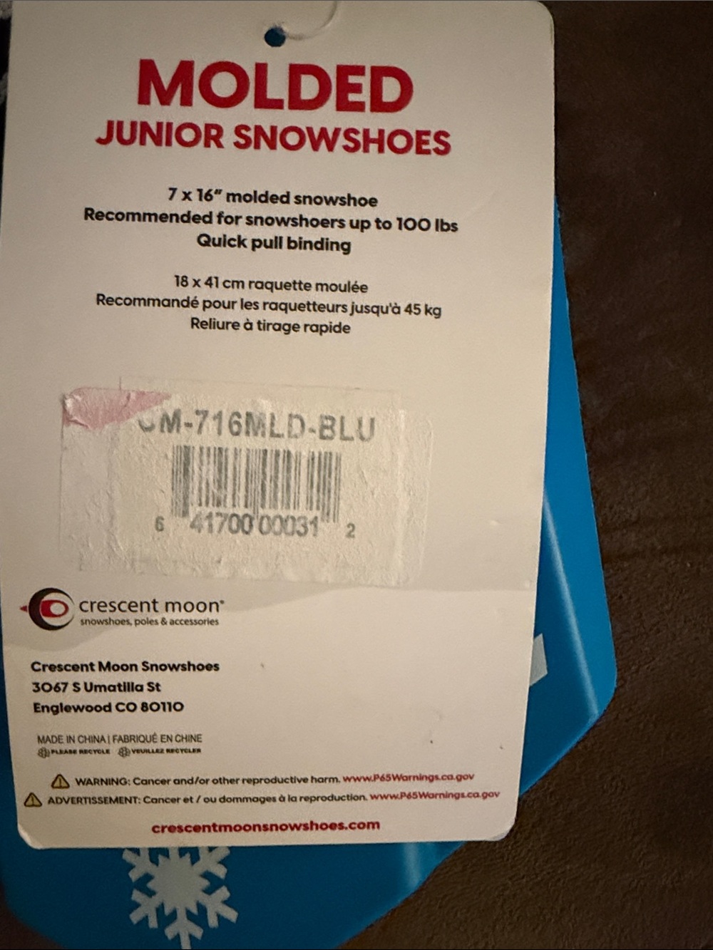 Crescent Moon Blue Snowshoes Junior size up to 100 lbs - Picture 3 of 5
